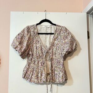 ASTR Floral Tie-Front Blouse - Cream and Purple